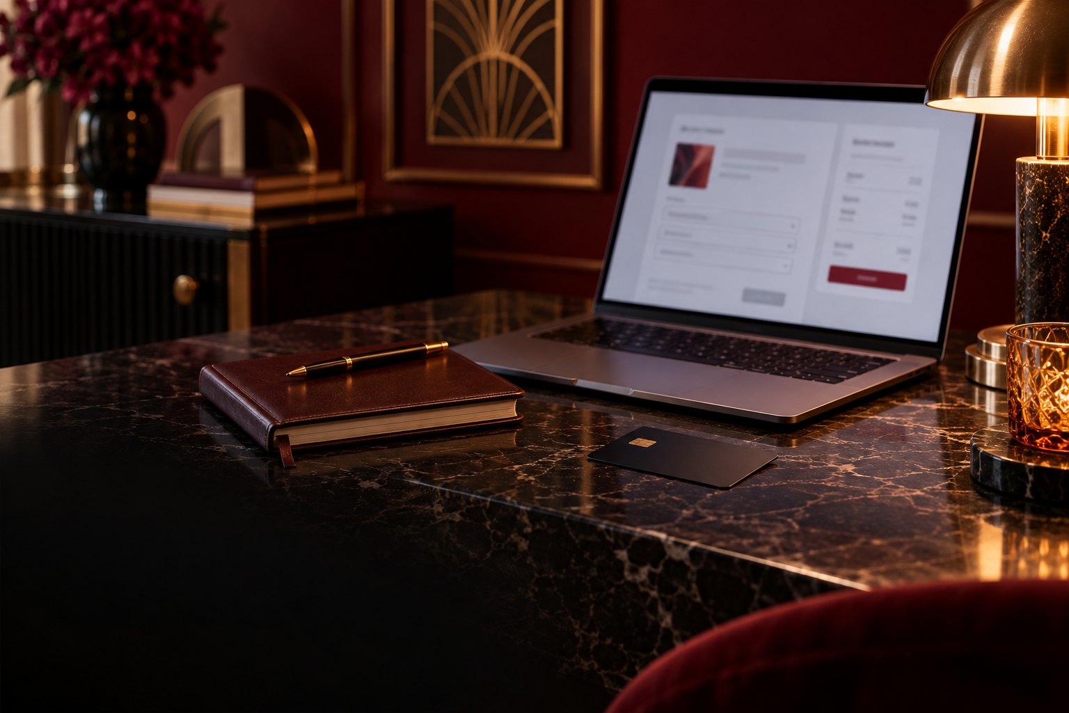 Carnet et ordinateur affichant une page de paiement floutée dans un bureau nocturne