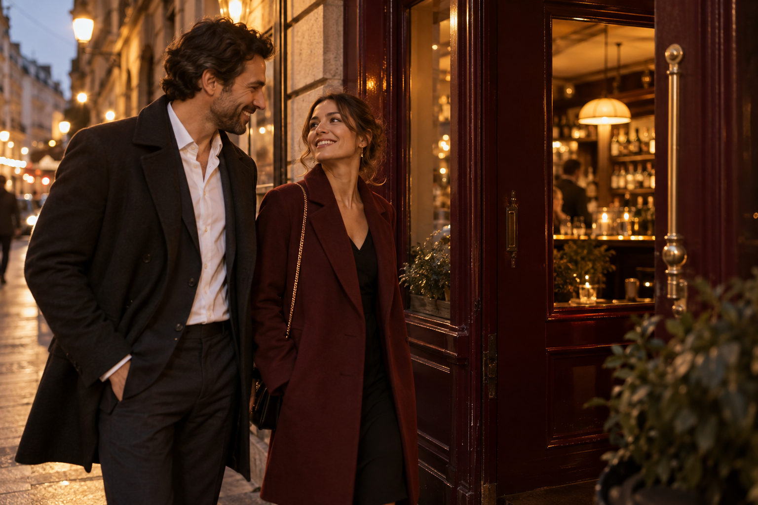 Deux adultes souriants devant un bar en début de soirée