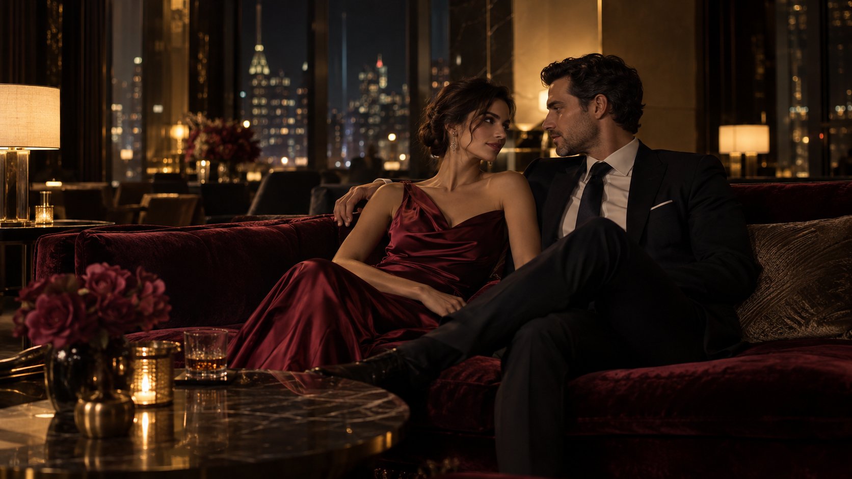Couple adulte échangeant un regard complice dans un lounge nocturne