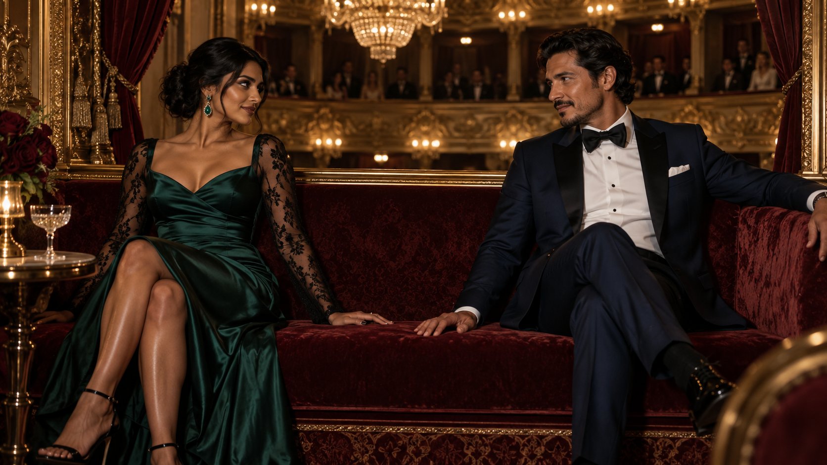 Femme sud-asiatique en satin émeraude et homme latino dans une loge d’opéra