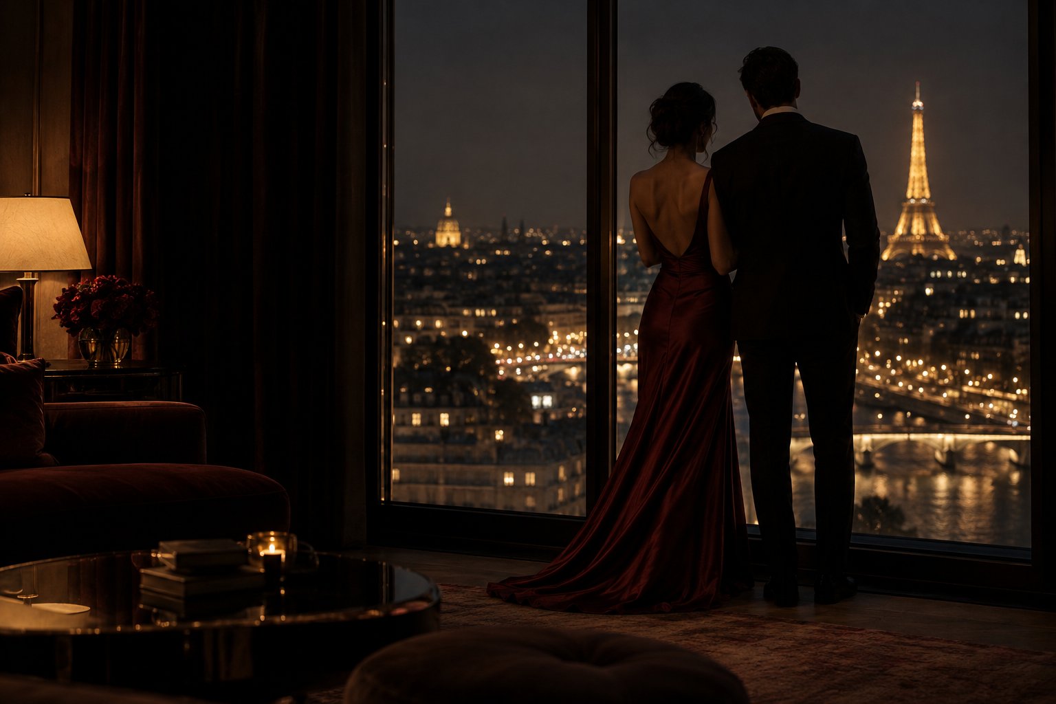 Couple adulte en tenue de soirée devant Paris la nuit