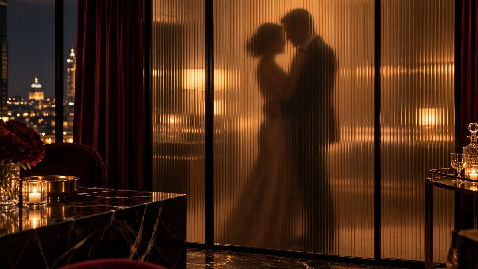Silhouettes entièrement masquées d’un couple adulte enlacé derrière un verre strié ambré