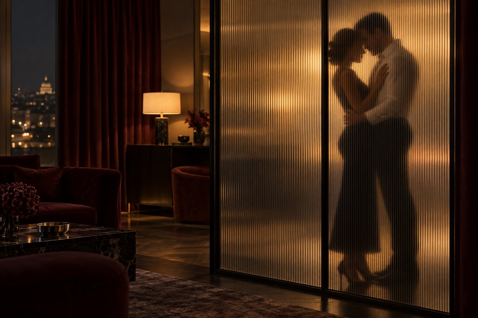 Silhouettes d’un couple adulte enlacé derrière une paroi de verre strié