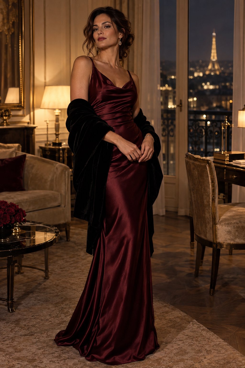 Femme adulte en robe de satin bordeaux dans un hôtel parisien