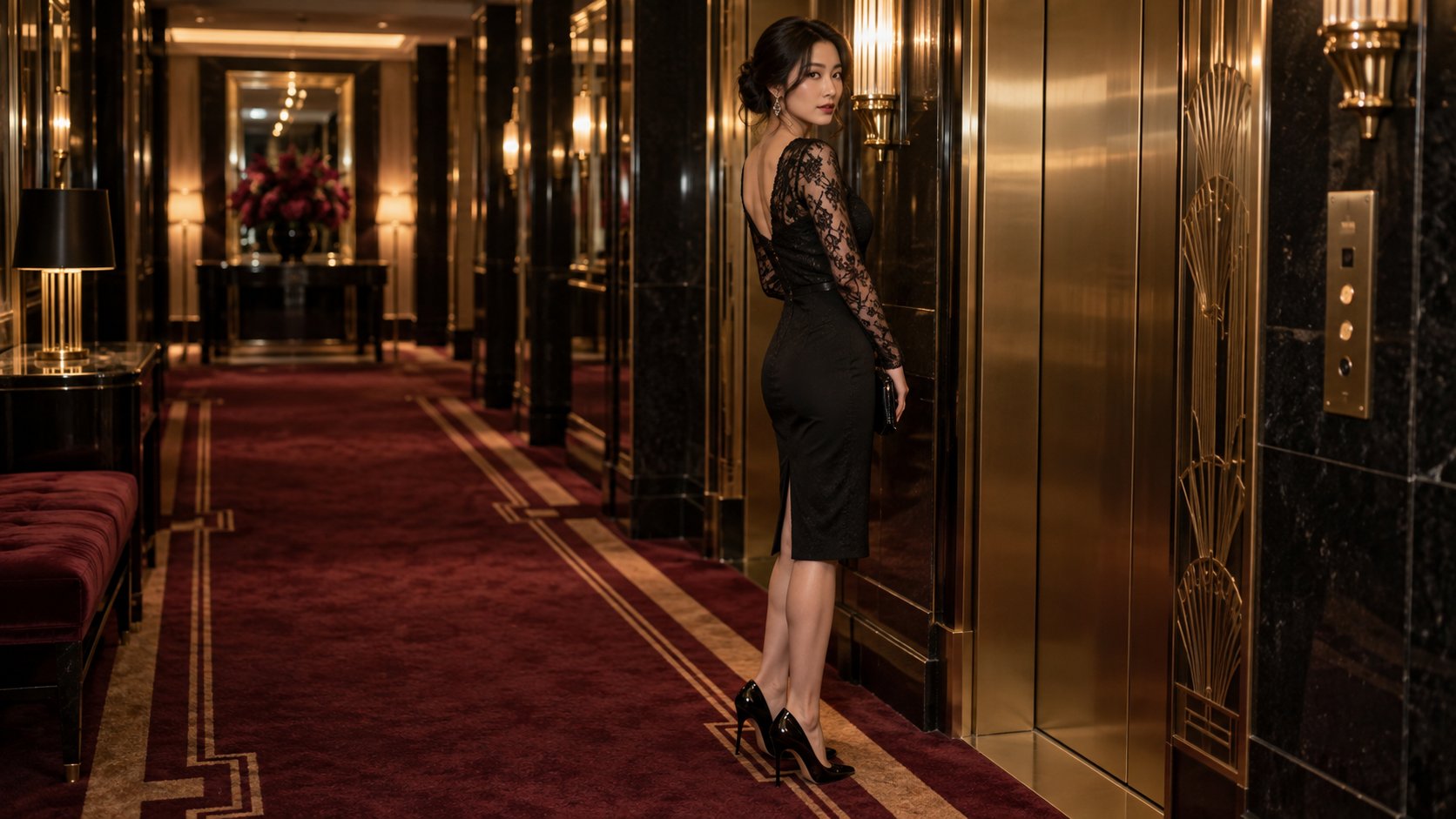 Femme asiatique adulte en robe noire à manches de dentelle devant un ascenseur Art déco