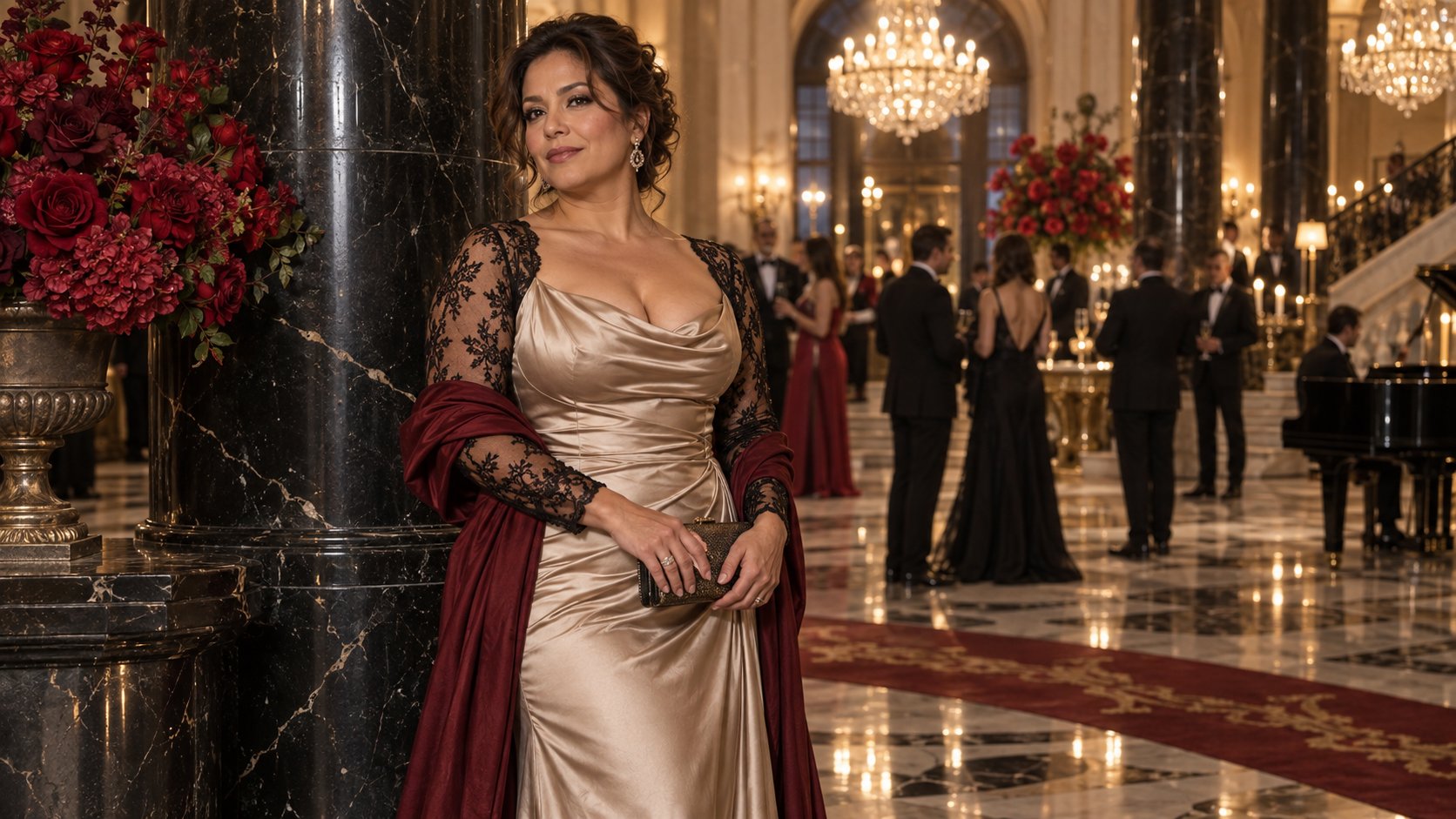 Femme latina adulte en satin champagne et manches de dentelle lors d’un gala