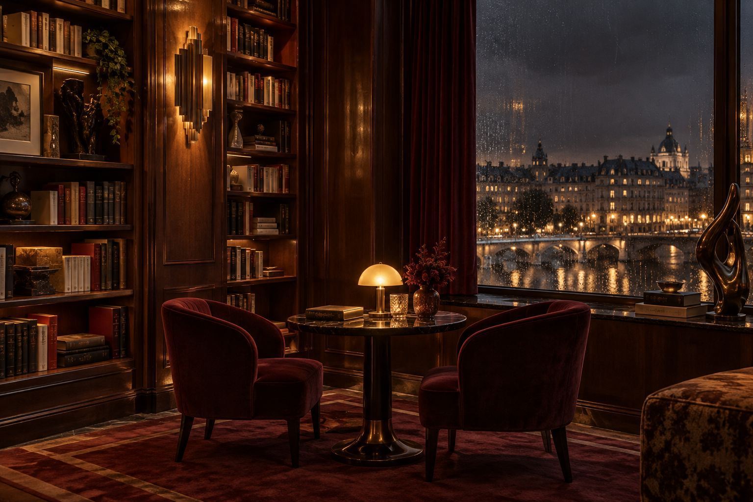 Deux fauteuils dans une bibliothèque nocturne avec vue sur Paris