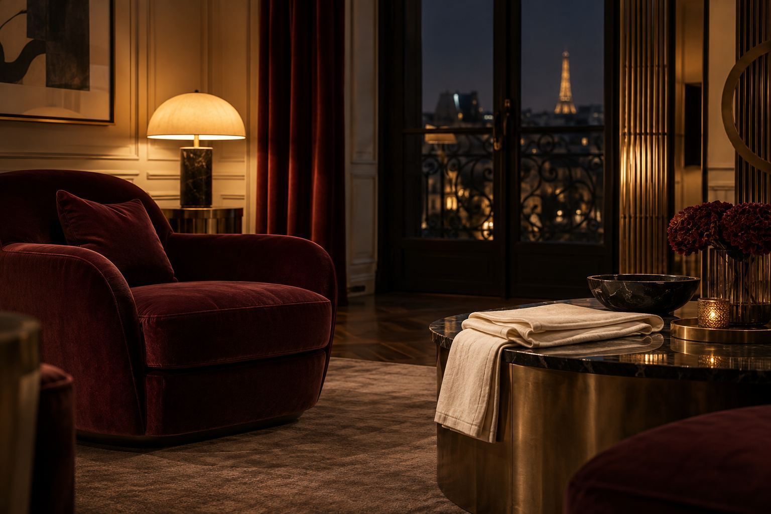 Salon parisien nocturne aux fauteuils de velours bordeaux