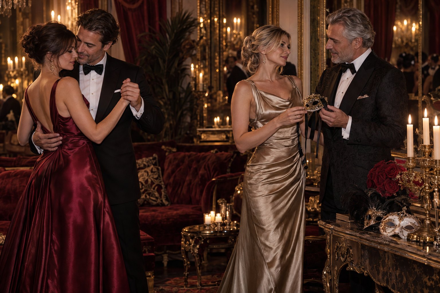 Deux couples adultes en tenue de soirée lors d’une rencontre masquée dans un salon privé