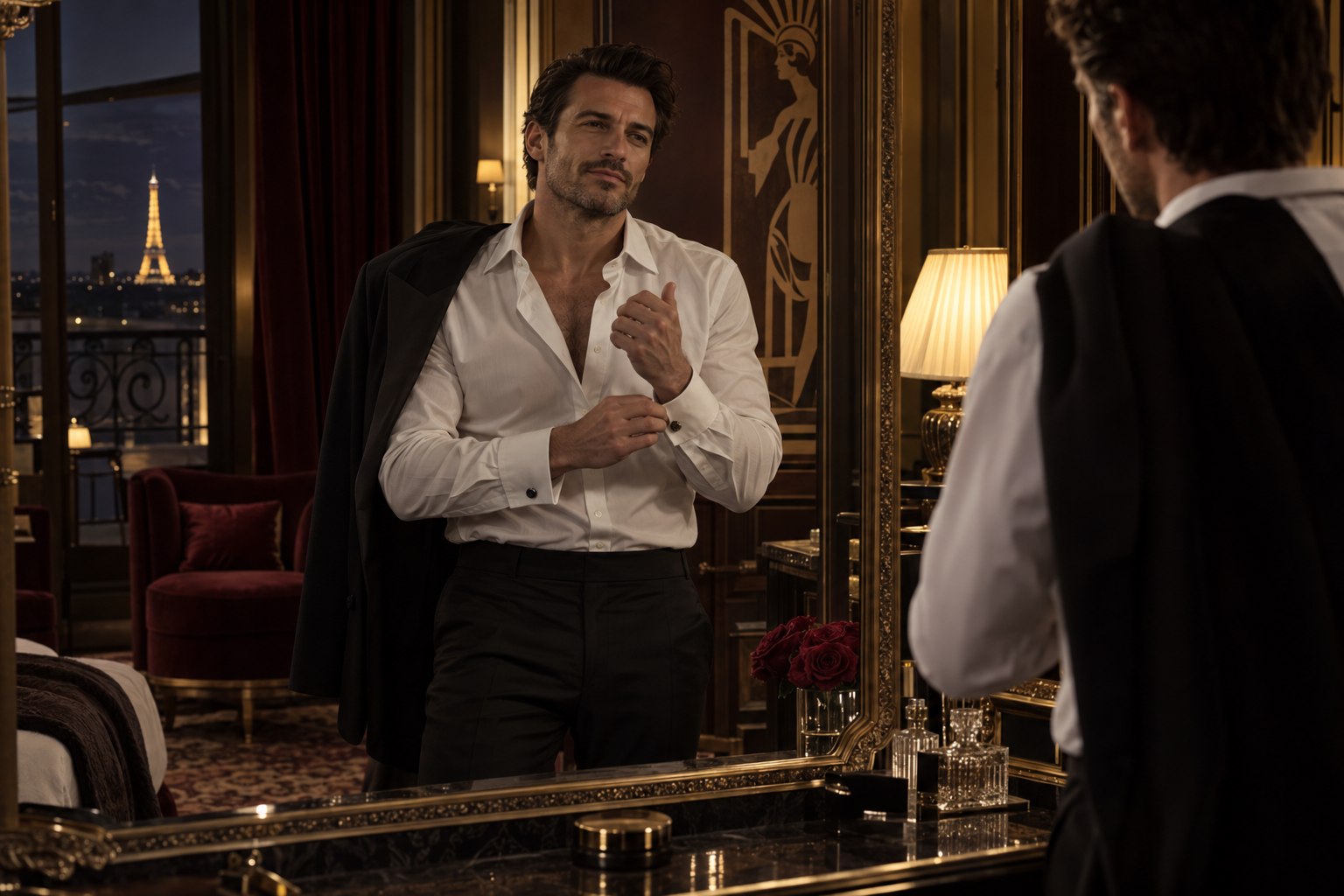 Homme adulte en chemise blanche ouverte au col devant un miroir Art déco