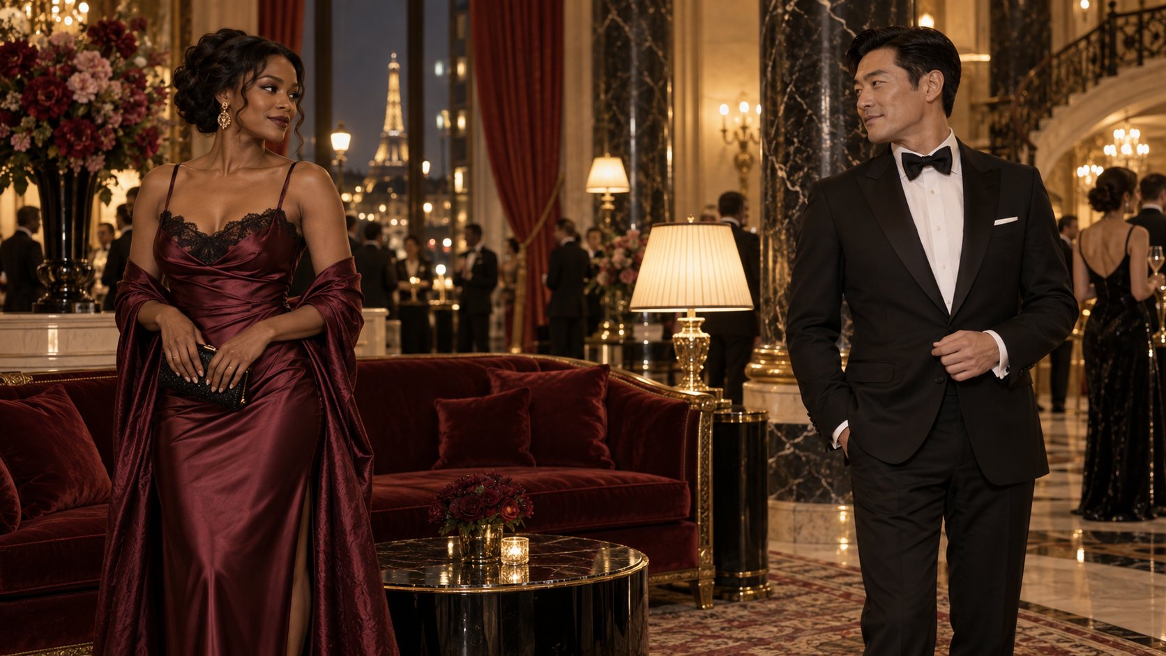 Femme noire en robe de satin bordeaux et homme asiatique en smoking dans un grand hôtel parisien