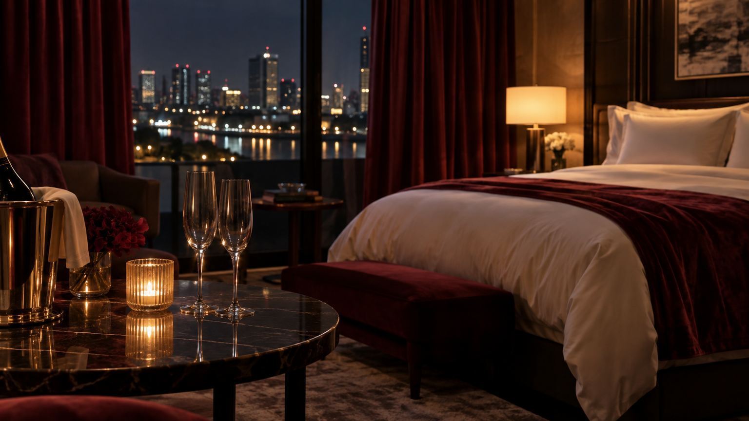 Suite nocturne avec deux verres et lumières de la ville
